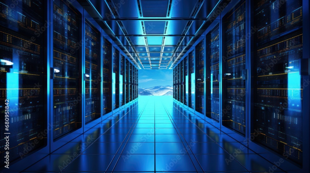 Poster corridor in working data center full of rack servers and supercomputers with internet connection