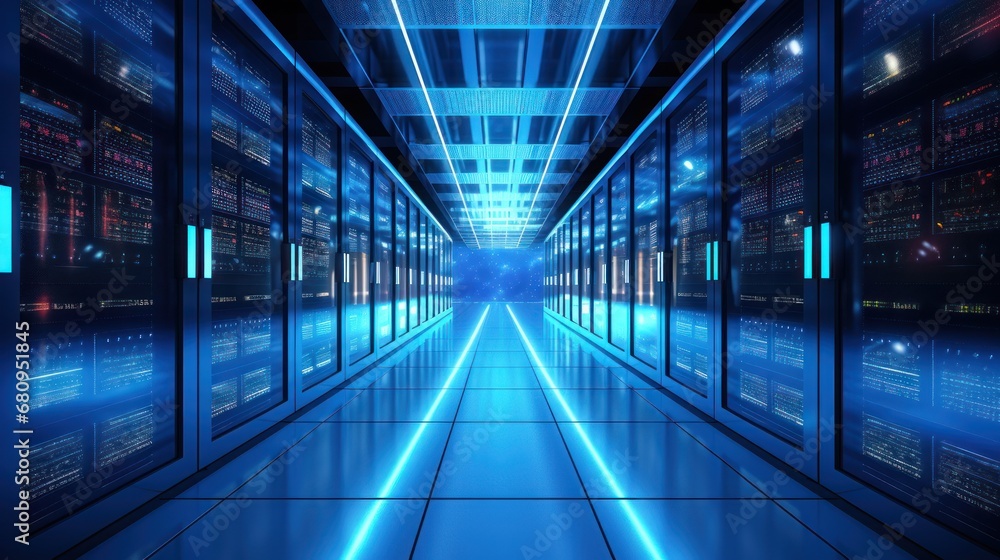 Poster corridor in working data center full of rack servers and supercomputers with internet connection