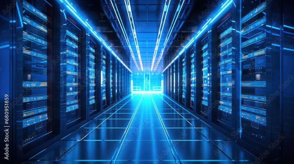 Poster corridor in working data center full of rack servers and supercomputers with internet connection