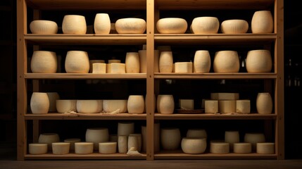 Cow milk cheese, stored in a wooden shelves and left to mature 