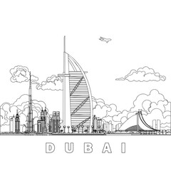 Dubai city symbol buildings line art vector illustration