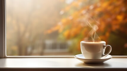 Cup of hot autumn coffee or tea on the window.natural light and shadow 