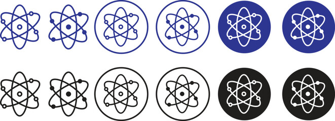 Atom icons Set . Molecule nucleus science vector symbols. physics nuclear research signs. electron, proton, or neutron chemistry icons in Flat style with editable stock on transparent background.