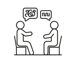 Psychologist and patient talk with speech bubble outline, therapy conversation two person, line sign. Dialog speak. Tangled mind and transcript. Vector