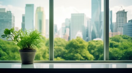 Eco green city view though window in office 