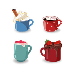 Super cute set of coffee cups, with different types of drinks