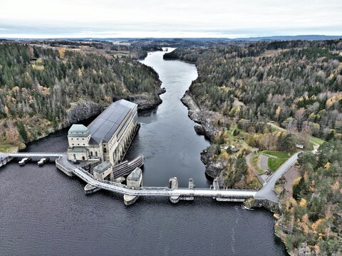 Aerial shot of the Solbergfoss Hydroelectric Power Station in Askim, Norway.