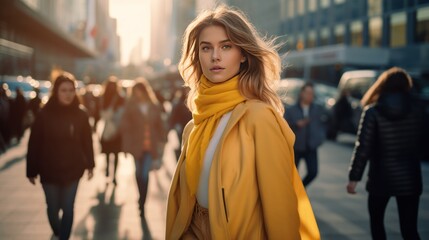 Fototapeta premium Fashionable young woman walking confidently down a city street, 