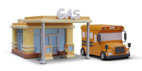 Foto op Plexiglas 3D gas station in cartoon style. Colorful building with bus, side view. Refill petrol, buy fuel. Text sign, clean surfaces, place for brand. Template for advertising design. Vector composition © ArtHub02