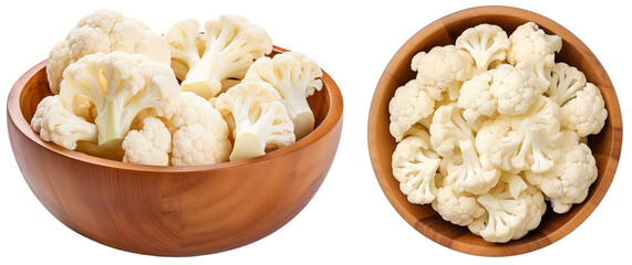 White cauliflower cut in pieces in a wooden bowl, side and top view, isolated on transparent background, vegetable bundle - obrazy, fototapety, plakaty