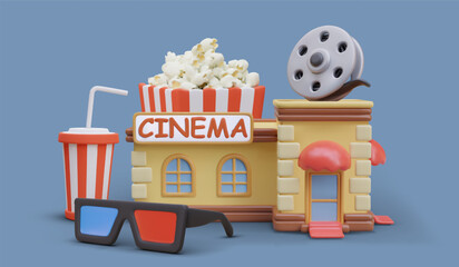 Cinema with 3D movie. Vector building, popcorn, drink with straw, anaglyph glasses. Modern format for watching movies. Composition on colored background