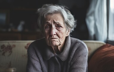 elderly senior woman grandmother Sad tired ill sick lonely disappointed sitting on the sofa  - obrazy, fototapety, plakaty
