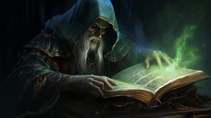 A cloaked sorcerer summoning spectral creatures from a haunted tome. Digital concept, illustration painting.
