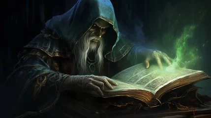Fotobehang A cloaked sorcerer summoning spectral creatures from a haunted tome. Digital concept, illustration painting. © X-Poser