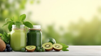 Glass jar mugs with green health smoothie, kale leaves, lime, apple, kiwi, grapes, banana, avocado, lettuce. Copy space. 