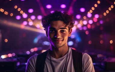 Happy young dj stands in a vibrant festival atmosphere, surrounded by neon lights 