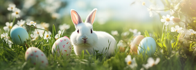 The Easter bunny sits on the grass with flowers.