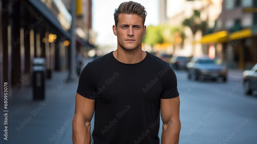 Sticker Male model in a classic black cotton T-shirt on a city street 