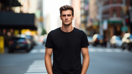 Male model in a classic black cotton T-shirt on a city street 