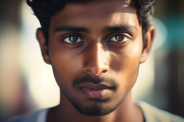 Close up male indian face handsome man with bright brown eyes looking at camera