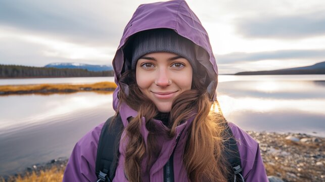 25-year-old girl wearing  winter heavy waterproof windproof outdoor jacket 