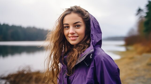 girl wearing a blue winter heavy waterproof windproof outdoor jacket camping lakeside 