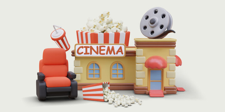 Advertising concept of modern cinema with comfortable seats, snacks, drinks. Vector 3D composition. Text sign on realistic buildings. Comfort, rest, entertainment