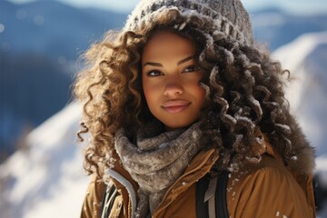 Portrait happy attractive afro american black woman enjoying winter vacations