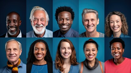 group of smiling people of different nationalities on different colored backgrounds.  - Powered by Adobe