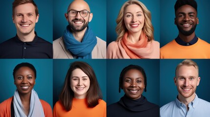 group of smiling people of different nationalities on different colored backgrounds.  - obrazy, fototapety, plakaty
