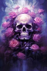 Creative floral layout with skull and flowers on black background.