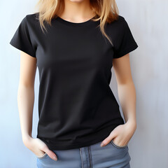 A lady wearing a blank black t-shirt, front view, mockup design, Generative AI