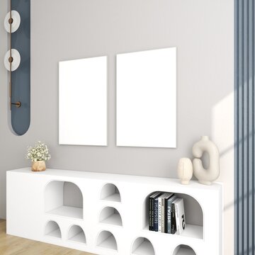 two frames mockup on wall in trendy modern interior. 2 white canvas with arches bookcase. 3D render