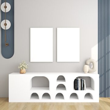 two frames mockup on wall in modern living room interior design. 2 white canvas, textured wall, modern arches bookcase. 3D render