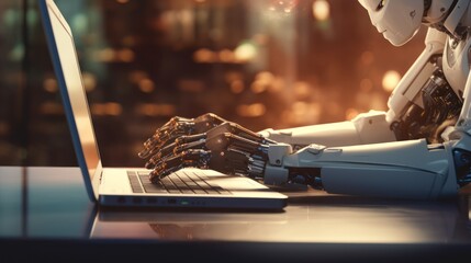 Future robot technology concept,Robot hands point to laptop button advisor chatbot robotic  - obrazy, fototapety, plakaty