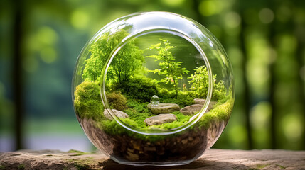 Glass sphere with green forest inside on natural background. Environment conservation concept. Glass globe with green forest inside. Ecology concept. 3D Rendering. 