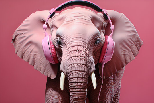 A delightful illustration of a pink elephant wearing music headphones, enjoying a musical moment. Ai generated