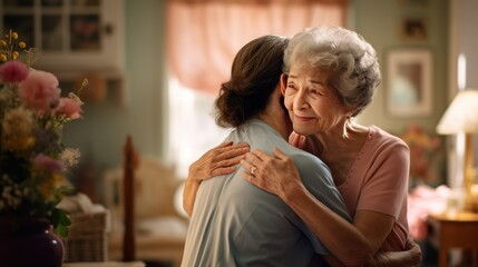 Senior woman, hug or medical caregiver in house living room 