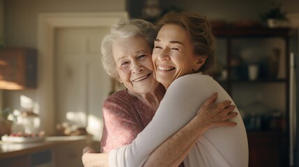 Senior woman, hug or medical caregiver in house living room  - obrazy, fototapety, plakaty