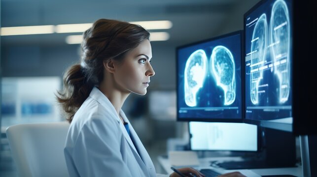 Side View of Portrait of Female Medical Scientist Using Computer with Brain Scan MRI Images, 