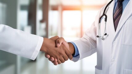 doctor at clinic shaking hands with patient 
