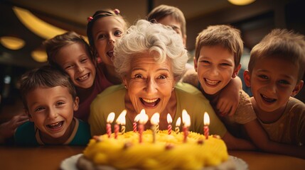  Smiling Senior woman surrounded by her grandchildren celebrating , candles on her birthday cake 