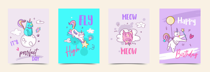 Fototapeta na wymiar Unicorn Cats Fun Greetings Cards Vector Templates
