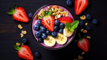 Colorful acai bowl with fresh fruits and nuts on dark wooden surface. Healthy food and lifestyle.