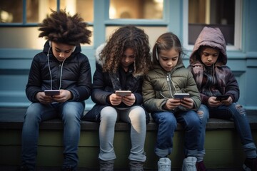 Children engrossed in smartphones sitting together outdoors. Digital generation and technology.