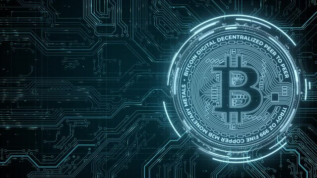 Bitcoin crypto currency digital technology on circuit board. Abstract futuristic 3D render background. Future of money global market exchange. Lightning network transactions. BTC mining concept