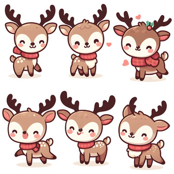 set of christmas reindeer. Merry Christmas watercolors cute reindeer on white background