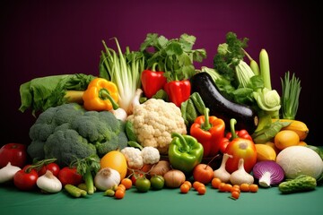Assortment of fresh vegetables and fruits on vibrant background. Healthy food and lifestyle.
