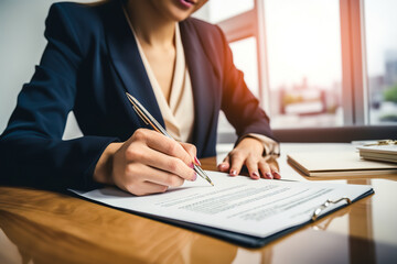 Young business woman or lawyer signing contract, mortgage or investment professional document agreement