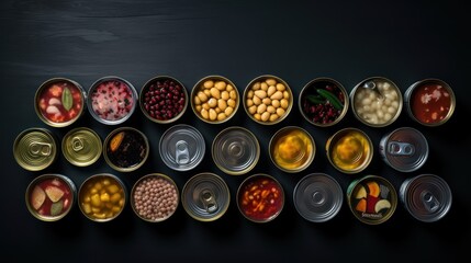 Top view of various types of food cans on a rough black table. 